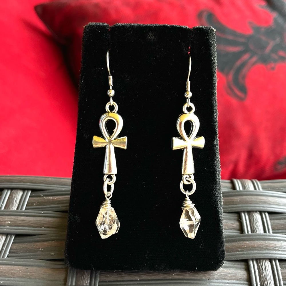 Herkimer diamonds anhks egyptian crosses earrings stainless steel post crystals - Picture 9 of 12